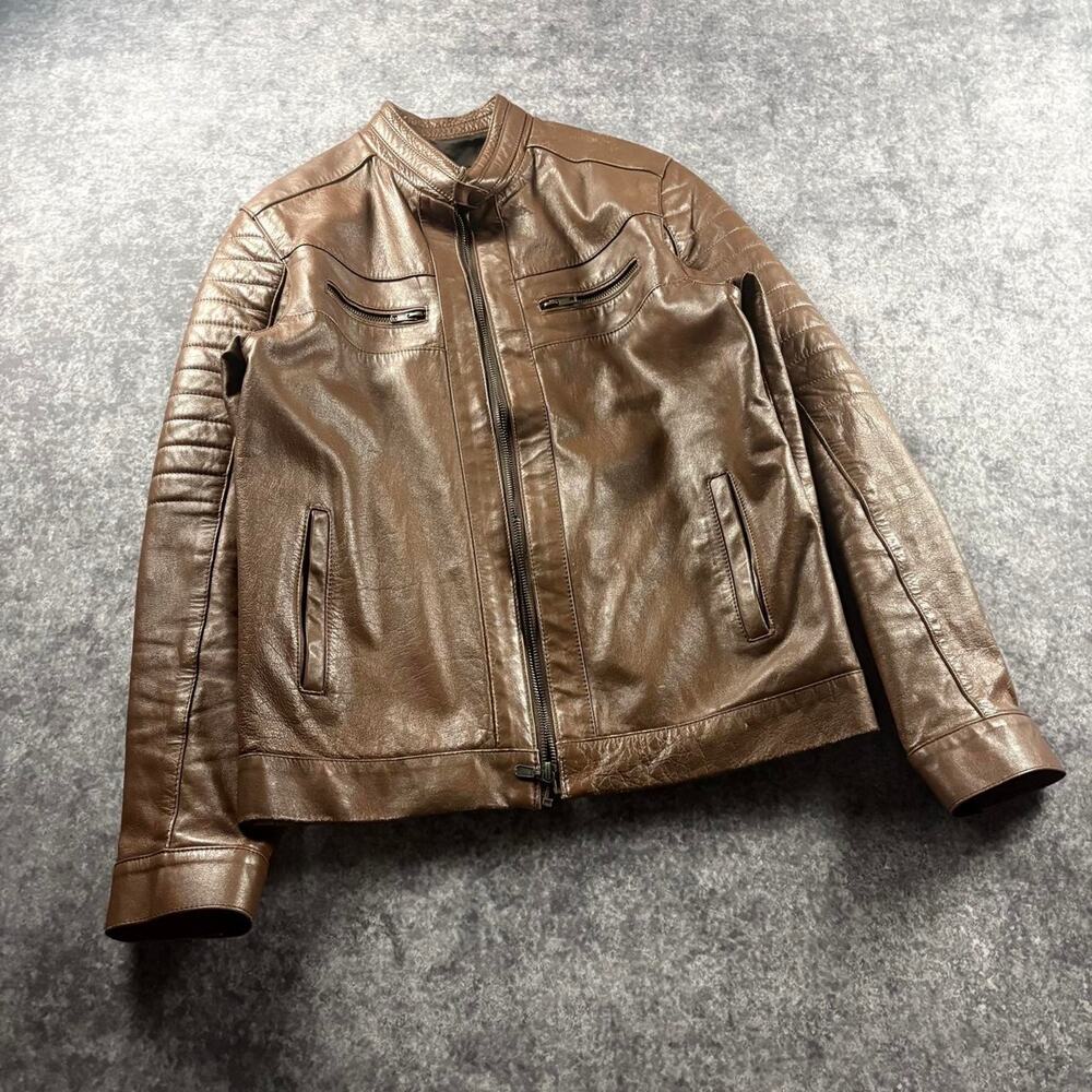 Brown Leather Moto Biker Jacket Small Cafe Racer Quilted Shoulders Snap Collar